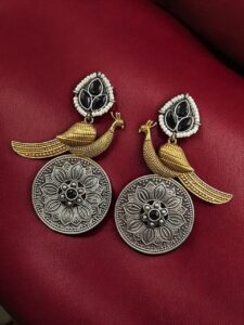 Beautiful Traditional Peacock Two-Tone Earrings | Elegant Dangler with Pearl & Stone Work Statement Jewelry — "Black"