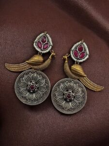 Beautiful Traditional Peacock Two-Tone Earrings | Elegant Dangler with Pearl & Stone Work Statement Jewelry — "Red"