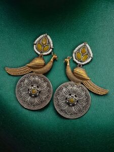 Beautiful Traditional Peacock Two-Tone Earrings | Elegant Dangler with Pearl & Stone Work Statement Jewelry — "Yellow"