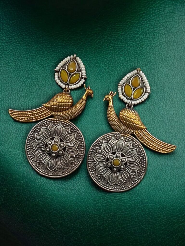 Beautiful Traditional Peacock Two-Tone Earrings | Elegant Dangler with Pearl & Stone Work Statement Jewelry