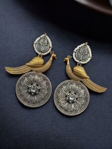 Beautiful Traditional Peacock Two-Tone Earrings | Elegant Dangler with Pearl & Stone Work Statement Jewelry — "Grey"