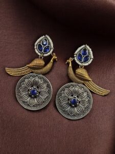 Beautiful Traditional Peacock Two-Tone Earrings | Elegant Dangler with Pearl & Stone Work Statement Jewelry — "Blue"
