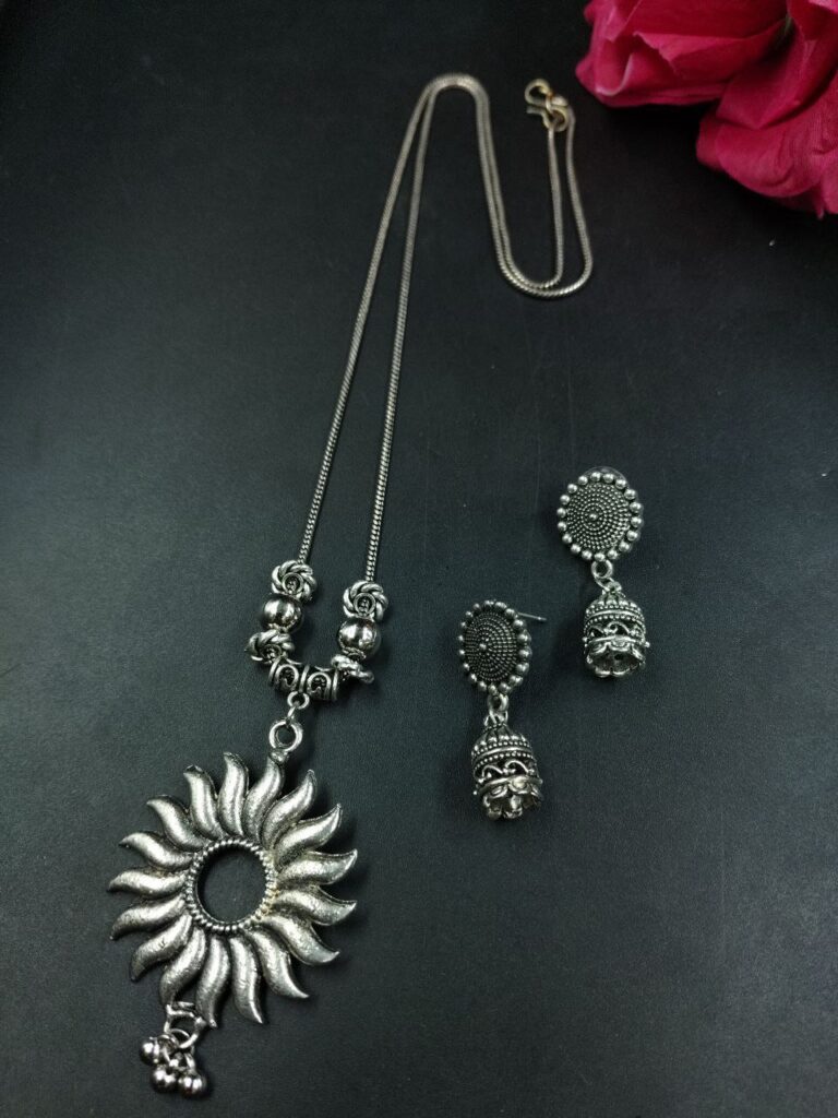 Sunflower Design German Silver Ghungroo Chain Pendant Necklace Set for Women Traditional Ethnic Jewelry