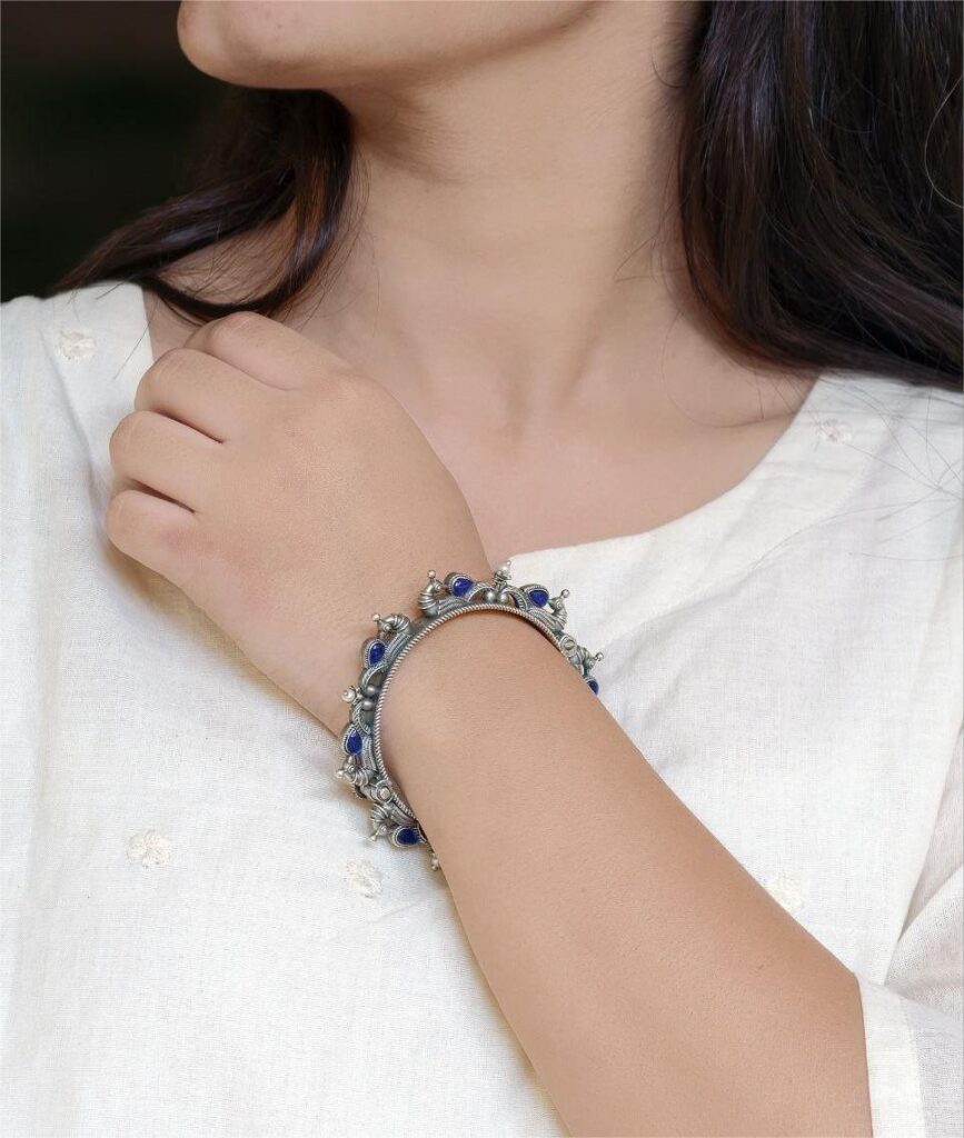 Oxidized Silver Replica Peacock Design Bangle | Stone & Pearl Work Beautiful Openable Kada