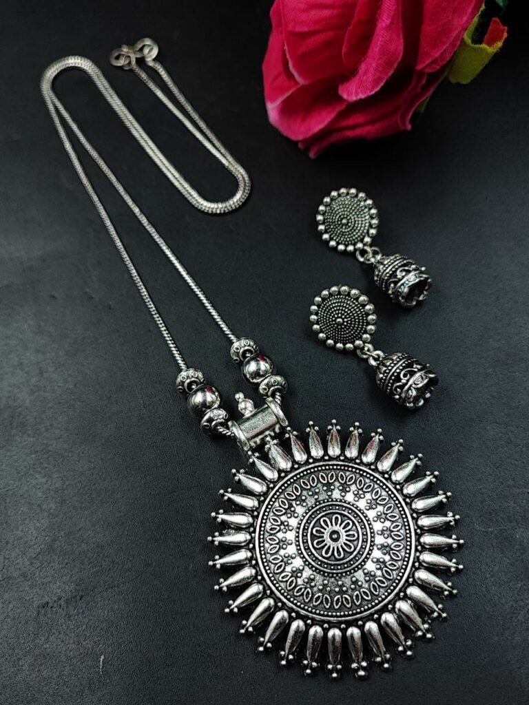 Elegant German Silver Chain Pendant Necklace Set | Traditional Jewelry