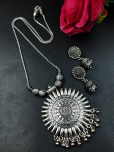 Ethnic German Silver Pendant Necklace Set | Ghungroo Detailing Jewelry