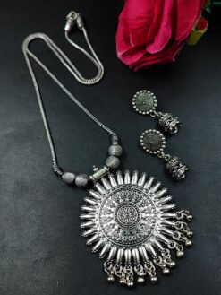Ethnic German silver pendant necklace set with ghungroo detailing