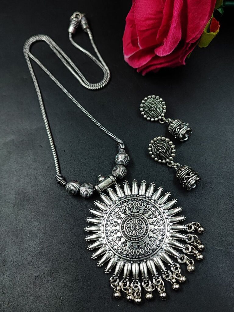 Ethnic German Silver Pendant Necklace Set | Ghungroo Detailing Jewelry