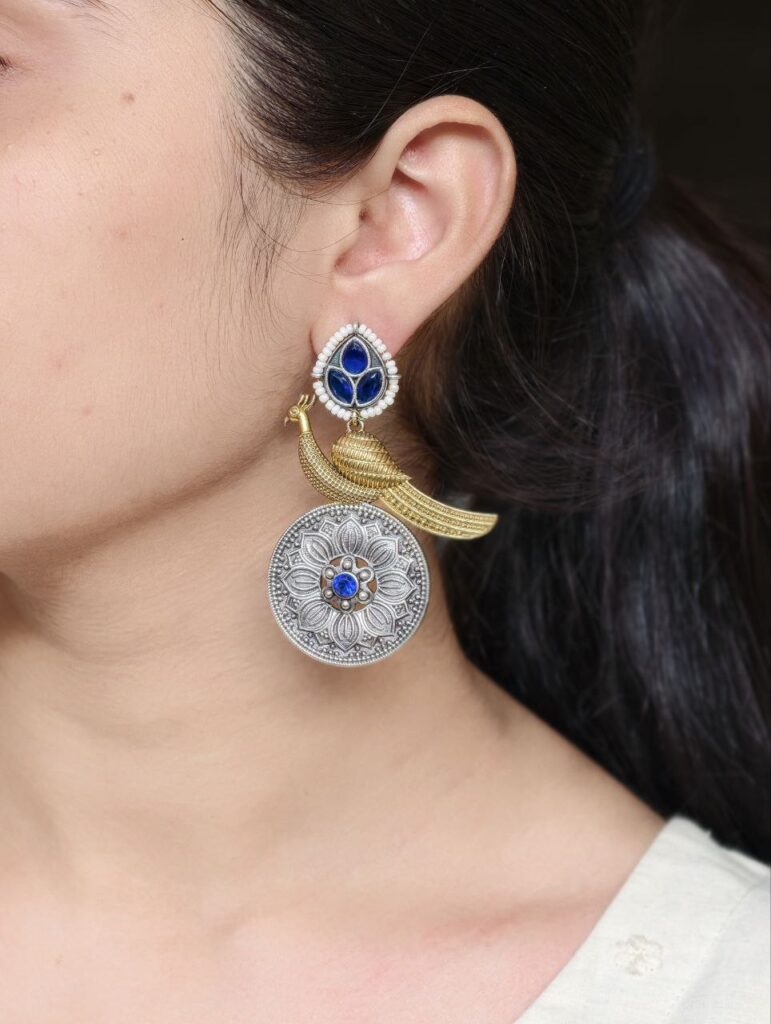 Beautiful Traditional Peacock Two-Tone Earrings | Elegant Dangler with Pearl & Stone Work Statement Jewelry