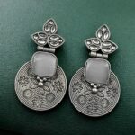 Unique Flower Design Dangler Earrings | Stone Work Silver Replica Oxidized Jewelry - "Grey"