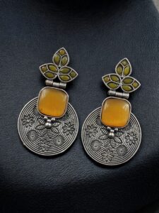Unique Flower Design Dangler Earrings | Stone Work Silver Replica Oxidized Jewelry — "Yellow"