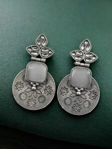 Unique Flower Design Dangler Earrings | Stone Work Silver Replica Oxidized Jewelry — "Grey"