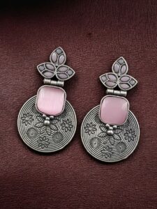 Unique Flower Design Dangler Earrings | Stone Work Silver Replica Oxidized Jewelry — "Baby Pink"