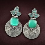 Unique Flower Design Dangler Earrings | Stone Work Silver Replica Oxidized Jewelry - "MInt"