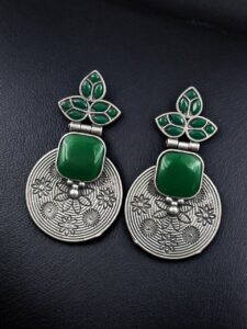 Unique Flower Design Dangler Earrings | Stone Work Silver Replica Oxidized Jewelry — "Green"