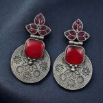 Unique Flower Design Dangler Earrings | Stone Work Silver Replica Oxidized Jewelry - "Red"