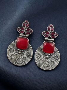 Unique Flower Design Dangler Earrings | Stone Work Silver Replica Oxidized Jewelry — "Red"