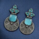 Unique Flower Design Dangler Earrings | Stone Work Silver Replica Oxidized Jewelry - "Aqua"