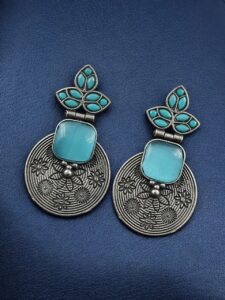 Unique Flower Design Dangler Earrings | Stone Work Silver Replica Oxidized Jewelry — "Aqua"
