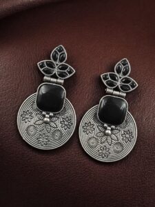 Unique Flower Design Dangler Earrings | Stone Work Silver Replica Oxidized Jewelry — "Black"