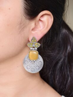 Unique flower design dangler earrings oxidized silver replica with stone work