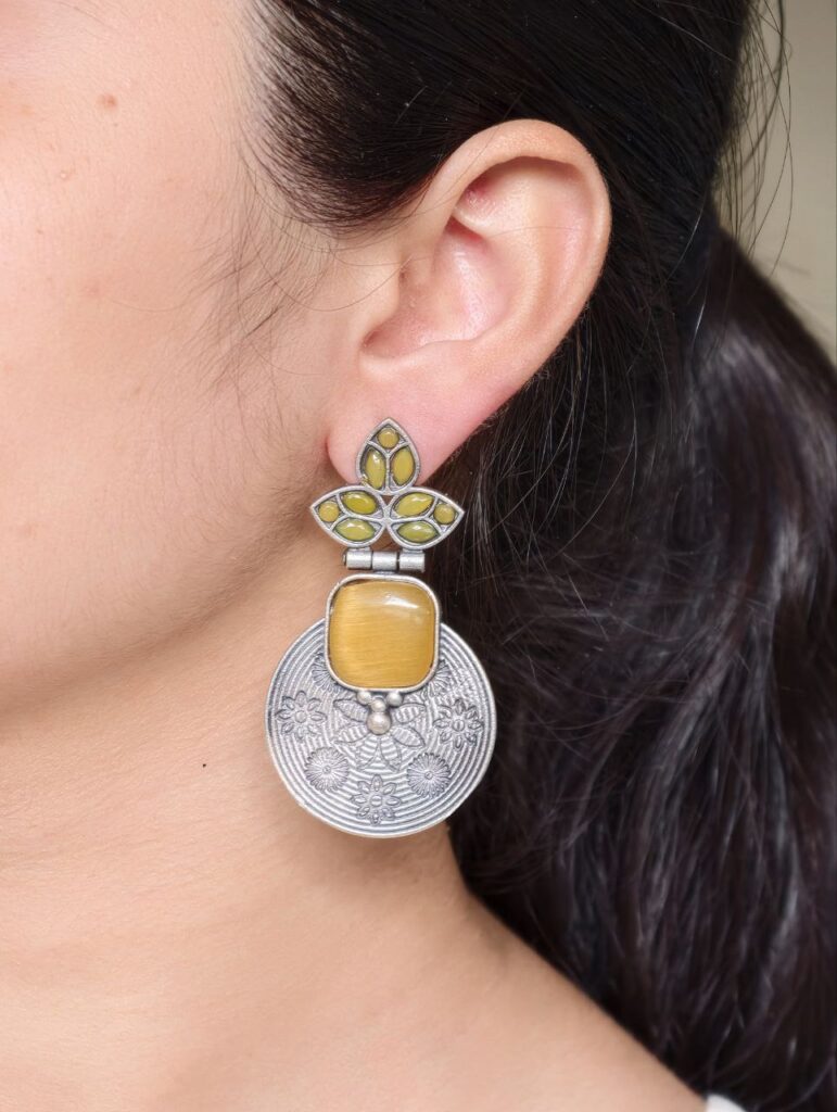 Unique Flower Design Dangler Earrings | Stone Work Silver Replica Oxidized Jewelry