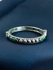 Elegant Stone Work Openable Bangle | Silver Replica Oxidized Amazing Jewelry — "Green"