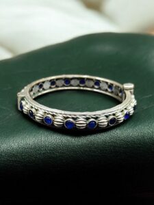 Antique Finish Silver Replica Openable Bangle | Beautiful Design with Stone Work Jewelry — "Blue"
