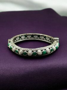 Antique Finish Silver Replica Openable Bangle | Beautiful Design with Stone Work Jewelry — "Green"