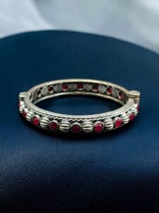 Antique Finish Silver Replica Openable Bangle | Beautiful Design with Stone Work Jewelry — "Red"
