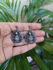 Graceful Peacock Design Silver Plated Hook Earrings with Elegant Traditional Jewelry — "Black"
