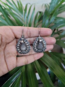 Graceful Peacock Design Silver Plated Hook Earrings with Elegant Traditional Jewelry — "White"