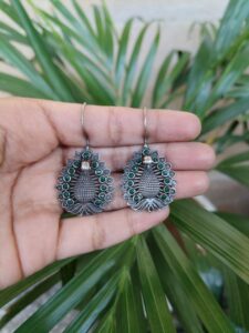 Graceful Peacock Design Silver Plated Hook Earrings with Elegant Traditional Jewelry — "Green"
