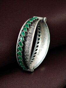 Handcrafted Unique Design Oxidized Openable Bangle | Stone Work Silver Replica Jewelry — "Green"