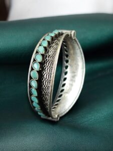 Handcrafted Unique Design Oxidized Openable Bangle | Stone Work Silver Replica Jewelry — "Mint"