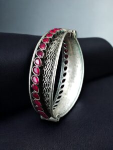 Handcrafted Unique Design Oxidized Openable Bangle | Stone Work Silver Replica Jewelry — "Red"