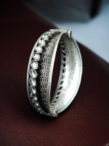 Handcrafted Unique Design Oxidized Openable Bangle | Stone Work Silver Replica Jewelry — "White"