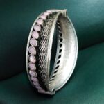 Handcrafted Unique Design Oxidized Openable Bangle | Stone Work Silver Replica Jewelry - "Baby Pink"