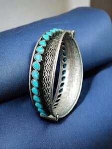 Handcrafted Unique Design Oxidized Openable Bangle | Stone Work Silver Replica Jewelry — "Aqua"