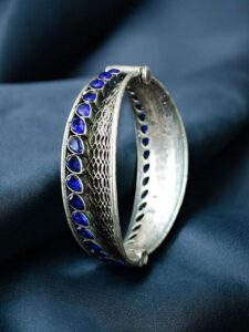 Handcrafted Unique Design Oxidized Openable Bangle | Stone Work Silver Replica Jewelry — "Blue"