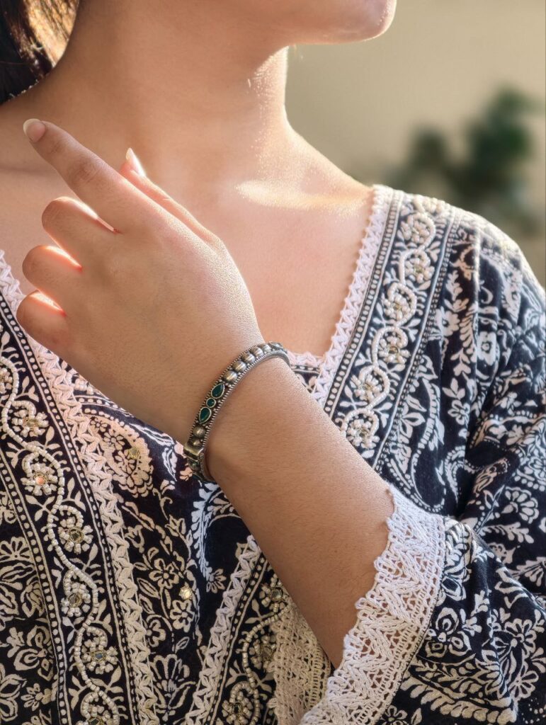 Elegant Stone Work Openable Bangle | Silver Replica Oxidized Amazing Jewelry