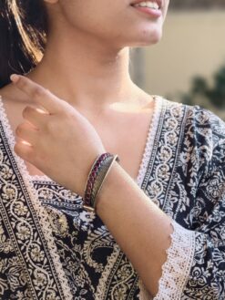 Handcrafted unique design silver replica oxidized openable bangle with stone work