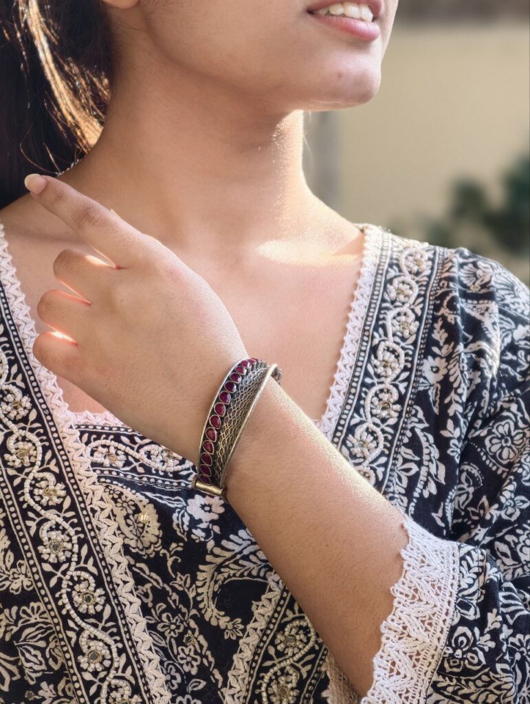 Handcrafted Unique Design Oxidized Openable Bangle | Stone Work Silver Replica Jewelry