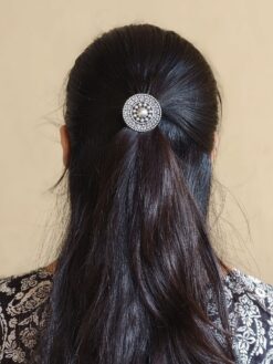 Traditional silver replica oxidized round design hair pin