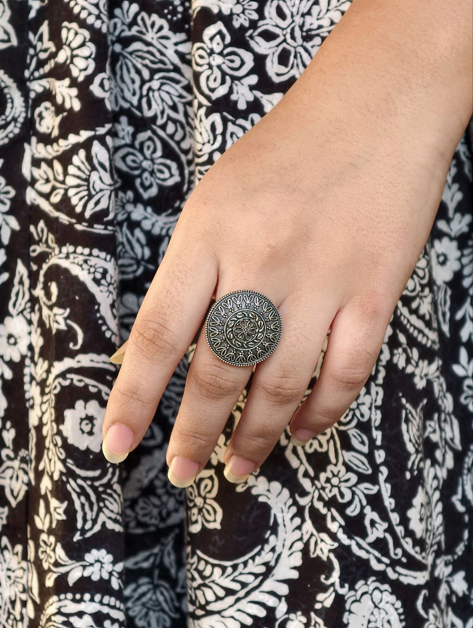 Oxidized Silver Replica Flower Design Ring | Adjustable Daily Wear Beautiful Jewelry 2 Oxidized silver replica flower design ring