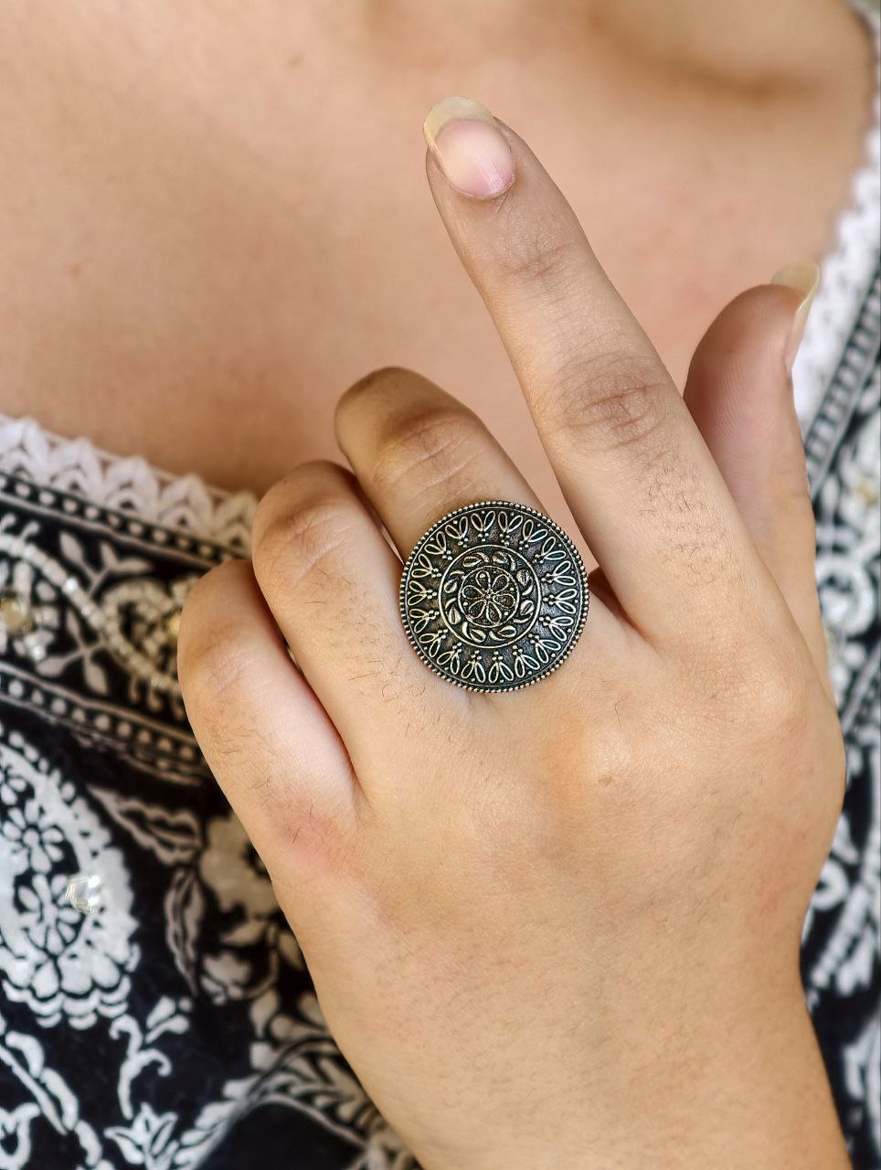 Oxidized Silver Replica Flower Design Ring | Adjustable Daily Wear Beautiful Jewelry 6 Oxidized silver replica flower design ring