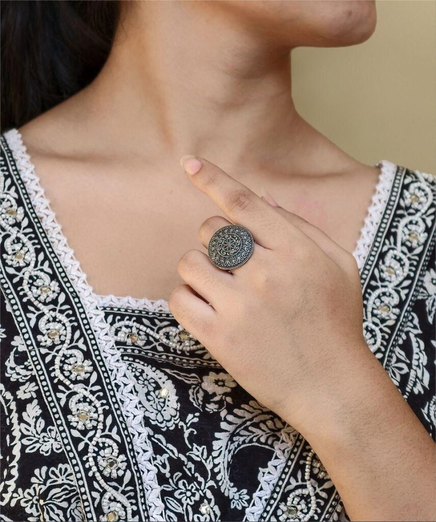 Oxidized Silver Replica Flower Design Ring | Adjustable Daily Wear Beautiful Jewelry