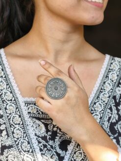 Traditional flower design ring round oxidized silver replica adjustable