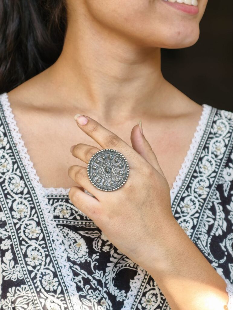 Traditional Flower Design Ring | Round Shape Best Oxidized Silver Replica Adjustable Jewelry