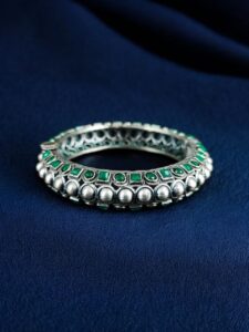 Oxidized Stone Work Silver Replica Openable Bangle | Traditional Beautiful Jewelry — "Green"